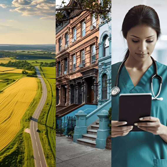 Three images side by side of the countryside, city buildings, and a doctor
